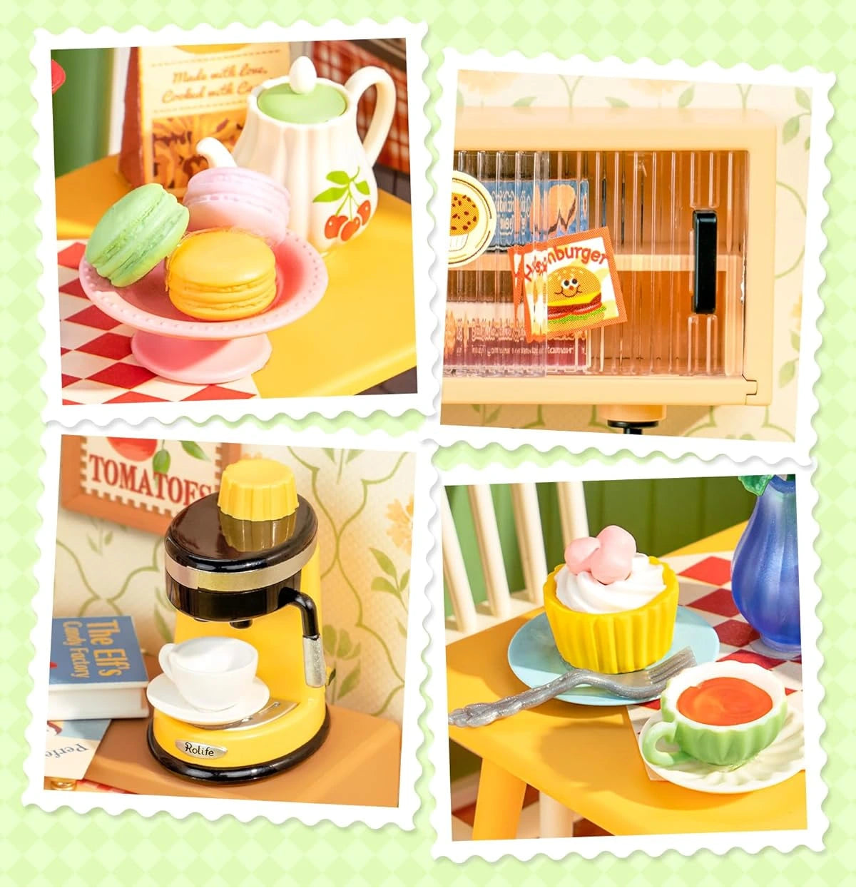 Collage of miniature kitchen items with text 'Endless Fun in Rich Details! Enjoy the sweet world!' on a green background.
