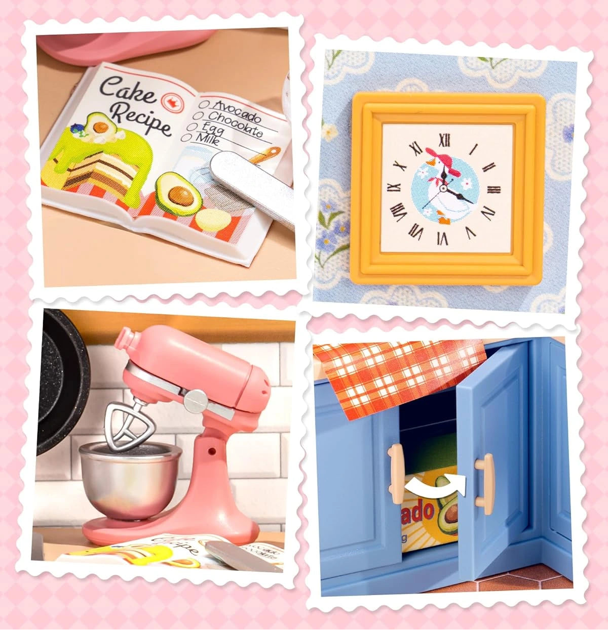 Collage of kitchen-themed items with a pink border and text about enjoying the aroma of happiness.