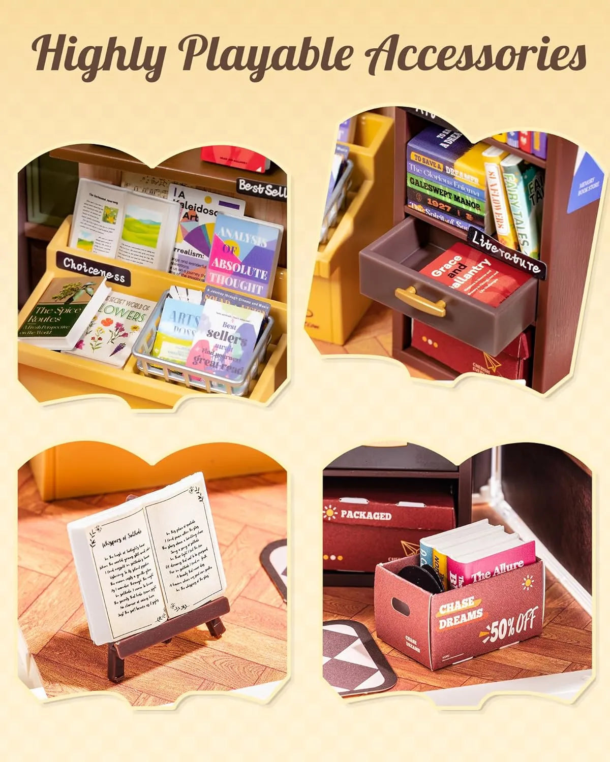 Set of miniature books and accessories on a wooden surface with a beige background.