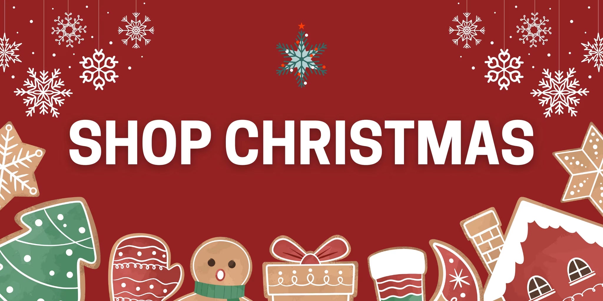 Red background with Christmas-themed decorations and 'Shop Christmas' text.