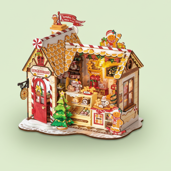 Gingerbread house model with decorative elements on a light green background