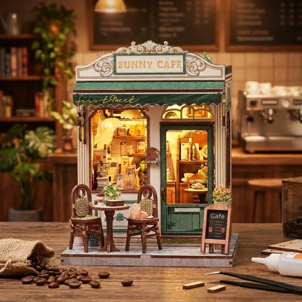 Sunny Cafe miniature model in a cafe setting
