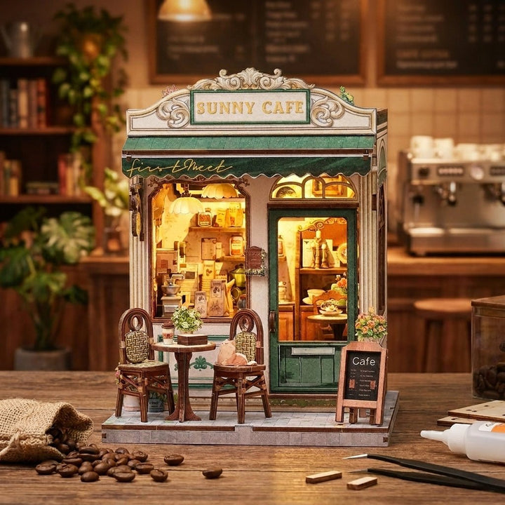 Sunny Cafe miniature model in a cafe setting